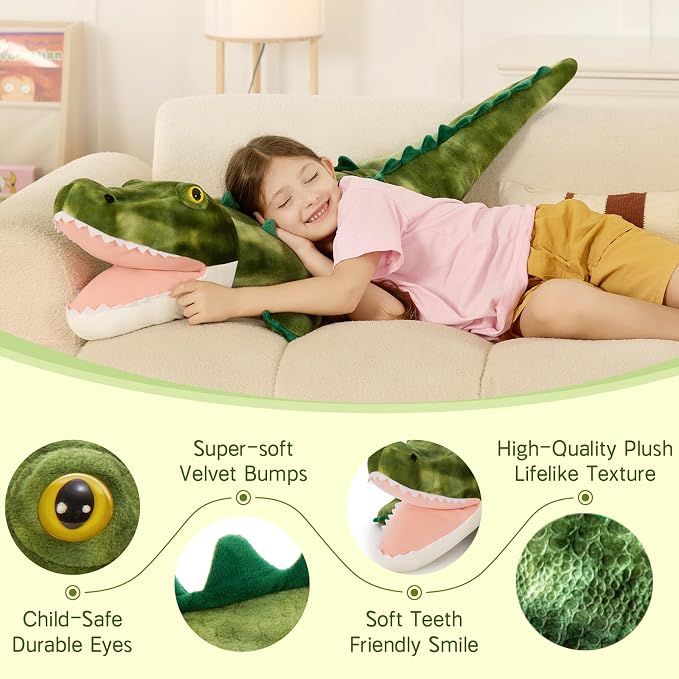 MorisMos Giant Alligator Stuffed Animal Body Pillow 4ft, 51.2" Extra Large Stuffed Alligator Toy for Kid Adult, Big Crocodile Plush Pillow, Realistic Crocodile Toy Gift for Christmas Birthday Decor