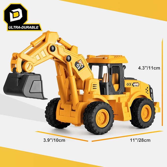 11" Excavator Toy, 1: 18 Scale, Rolling Wheels Inertia-Powered, Heavy‑Duty Plastic, with Lights & Rumbling Action, Working Boom & Bucket, Indoor/Outdoor Sandbox Vehicle for Ages 3 + - Easter Gifts