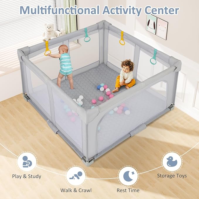 INFANS Foldable Baby Playpen with Mat, 50” x 50” Large Baby Play Yard for Infant with 50 Ocean Balls, 4 Handlers, Carry Bag, Indoor Outdoor Fence Toddler Activity Center (Gray, 50” x 50”)
