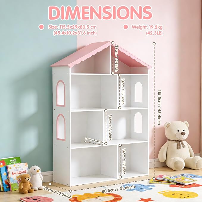 Kids Dollhouse Bookshelf and Toy Storage - Wooden Stand Dollhouse Bookcase with 3-Tier Storage Display, Bookshelf for Playing Room, Nursery, Gift for Boys Girls (8 Room - Pink with White)
