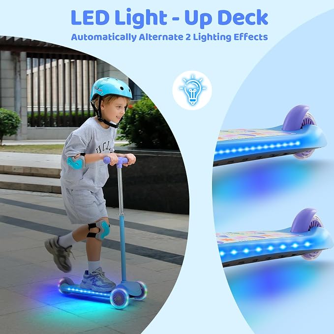 TONBUX Kids Scooter for Ages 3-5, Toddler Scooter with Light-Up Deck and Wheels, Adjustable 4-Level Height 3-Wheel Scooters for Kids, Lean-to-Steer Design