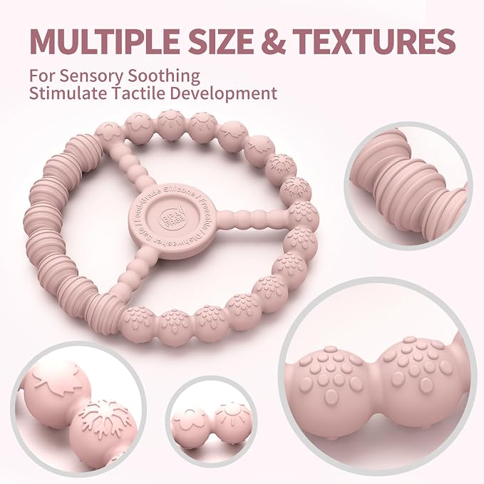 Teething Rings for Babies 0-6 Months, 3 Pack Silicone Teether Toys 6-12 Months, Freezable & Durable Chew Ring for 3-6 Months Boys Girls Teething Relief, Infant Essential Gifts (Sandy Rose Pink)