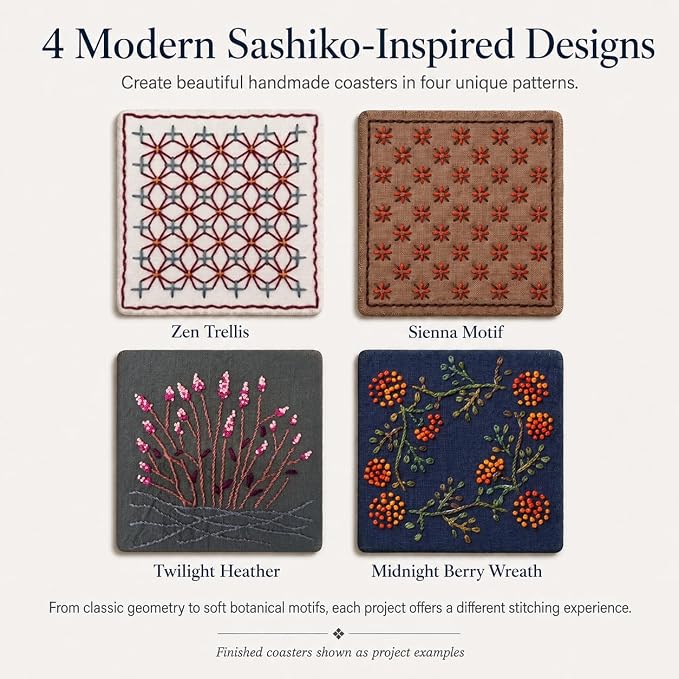 TMEGMIC Sashiko Embroidery Kit for Beginners, DIY Hand Stitching Coaster Making Craft Kit, Makes 10 Pcs in 4 Patterns (DIY Material Kit Only)
