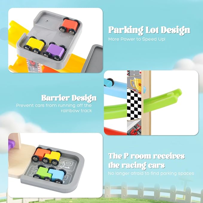 Wooden Car Ramp Toy Set, Montessori Ramp Set Includes 7 Mini Cars and Track — Educational Gift for Boys and Girls 3+ Years Old
