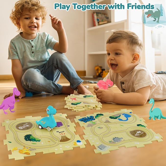 YOOYID Puzzle Racer Kids Car Track Set with 2 Dino Cars, Kids Toys Boys 3-5, Toys for 3 4 5 6 Year Old Boys, Toys for Ages 3-4, Car Tracks for Toddlers, Montessori Toys for 3+ Year Old