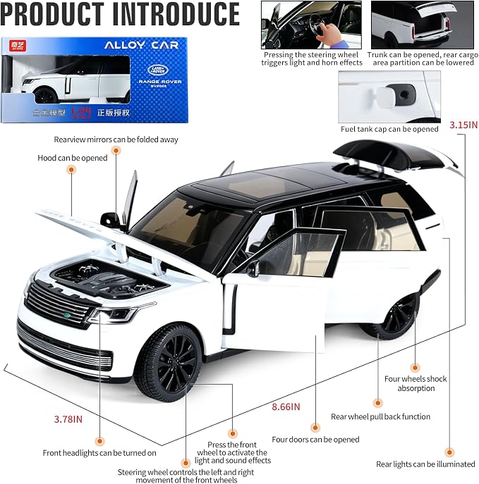 Toy Car Model 1/24 Diecast Cars Compatible with Land Rover Range Rover Off-Road SUV Model Car Kits for Adults and Boys Metal Toy Cars for Kids Age 3+ Pull Back Cars with Lights and Sounds（Black-White）