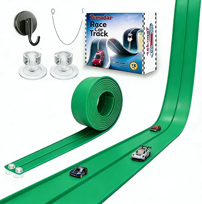 Flex Track 15 Ft Starter Set – Flexible Race Car Ramp Track for Kids, Double-Sided Racetrack for 1:64 Diecast Cars and Similar Toy Cars, Ages 3 & Up with Suction Cups (Green)