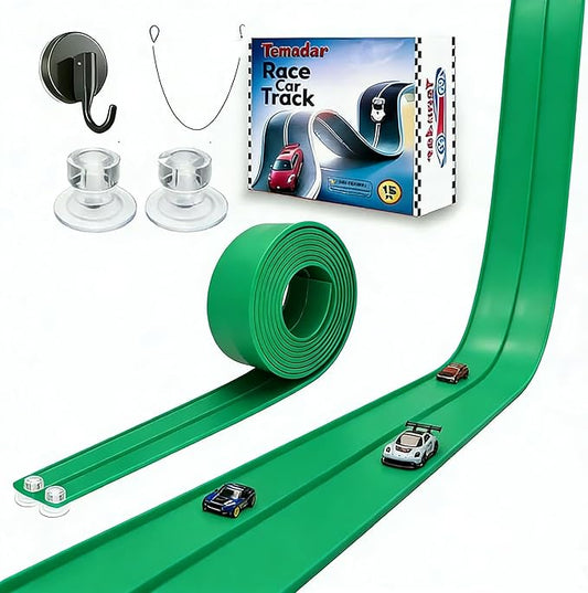 Flex Track 15 Ft Starter Set – Flexible Race Car Ramp Track for Kids, Double-Sided Racetrack for 1:64 Diecast Cars and Similar Toy Cars, Ages 3 & Up with Suction Cups (Green)