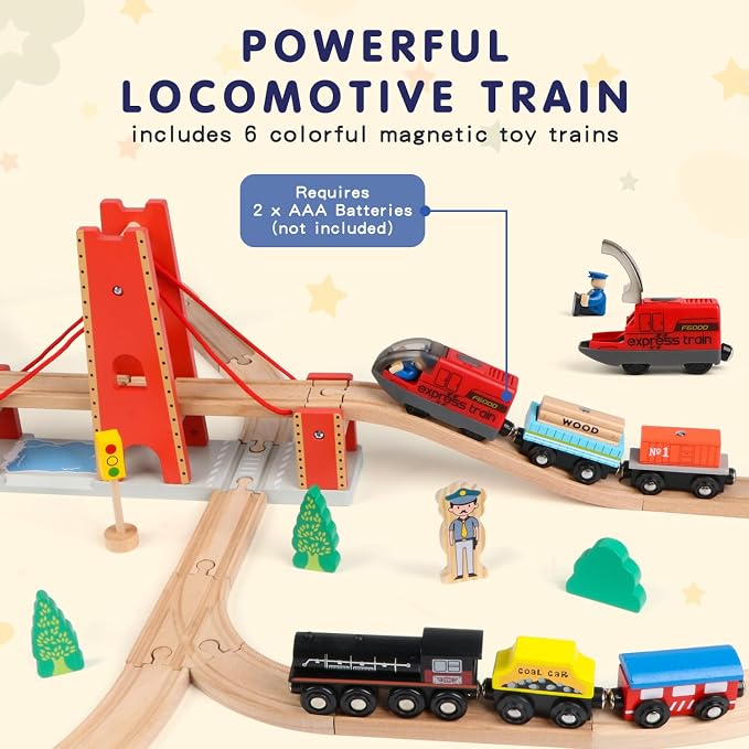 Qilay 121PCS Wooden Train Set with Storage Bag - Busy Port City Wooden Train Track Set Toy for Kids Ages 3+, Compatible with Major Brands, Great Birthday Railway Playset Gift for Boys & Girls