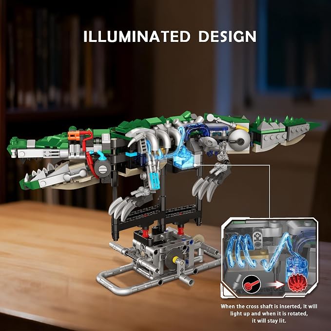 Kinetic Mechanical Crocodile Building Kit - Light-Up Interactive Animal Model with Hand-Crank Moving Jaw, Claws & Tail - STEM Construction Toy for Kids & Adults