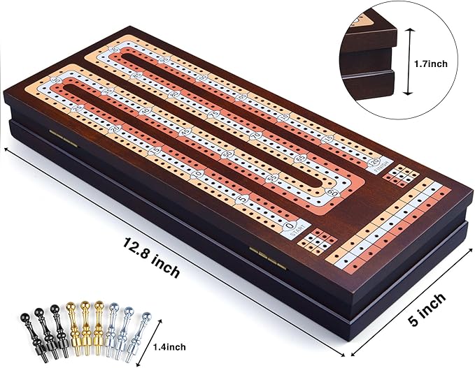 BIVOMON Wooden Cribbage Board Game Set with Large Storage Area, 3 Track Cribbage Board, 9 Metal Pegs｜2 Playing Cards｜Magnetic Lock, Family Travel Portable Tabletop Game for Adults & Kids (Instruction)