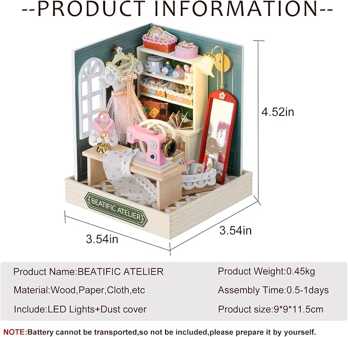 CUTEROOM DIY Doll House Miniature Furniture Wooden House Kit with Dust Cover & LED Light and Accessories - New Three Styles QT Series Dollhouse (QT047)