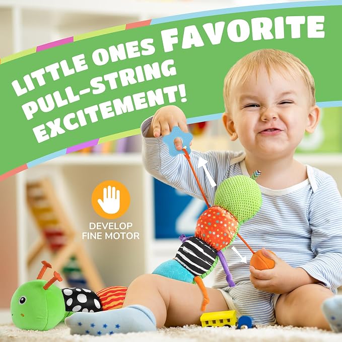 AWOTOY Baby Sensory Toys Music Caterpillar Plush Infant Toys 0 6 12 Months | Stuffed Animals Tummy Time Teething Toys with Mirror Pull String Rattle Baby Toys for Newborn Boy Girl Shower Birthday Gifts