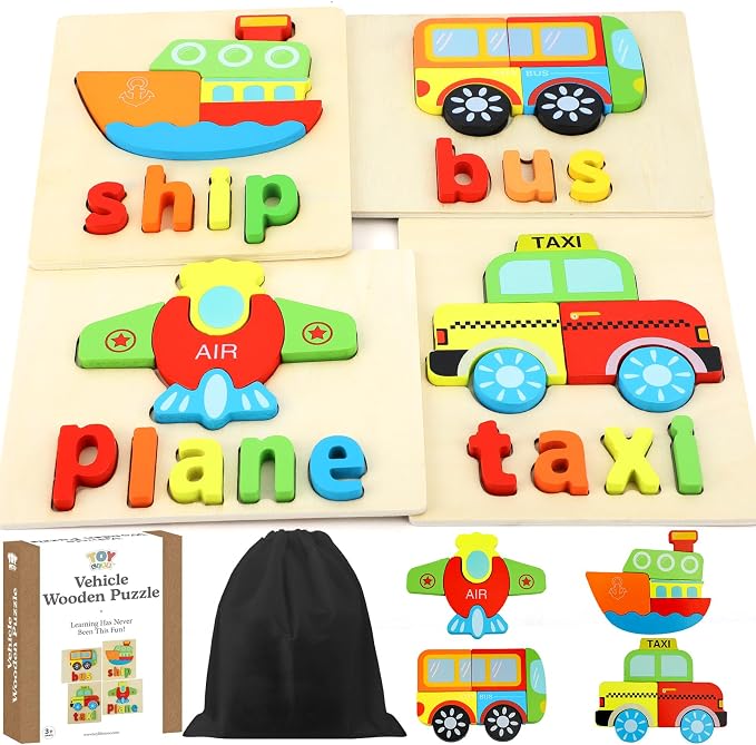 TOY Life Toddler Puzzles Ages 2-4, 4 Vehicles with Spelling Wooden Puzzles for Toddlers 3-5, Montessori Toys Gifts for 1 2 3 Years Old Boys Girls, Christmas Birthday Gifts Learning Toys for Kids