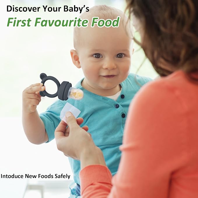 JEXFUN Silicone Baby Food Feeders + Freezer Tray for Batch Prep, Introduce New Foods Safely, Double as Silicone Teething Toys, BPA Free Silicone Feeder for Safe Infant Self Feeding - (Dark Grey)