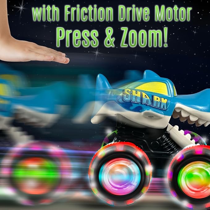 stargo - Shark Monster Truck Toy - Light Up Chomping Pull Back Truck - Press and Go Cars for Easter Basket Stuffers, Boy Birthday Gifts, Toys for Toddlers, Kids Ages 3-5 4-6 5-7 4-8