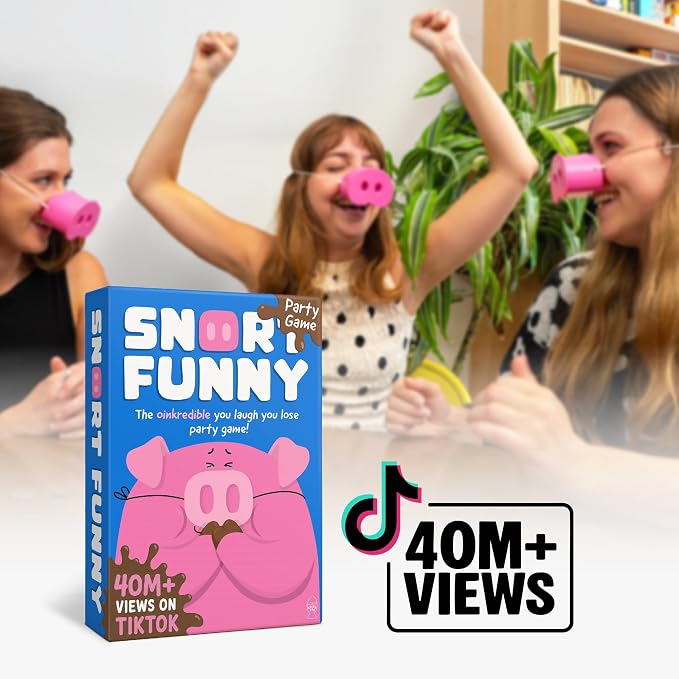 Snort Funny – The Oinkredible You Laugh You Lose Party Game, Family Games for Kids and Adults w/ 150 Challenge Cards, 5 Pig Snouts & Mud Tokens, Funny Games for Friend & Family, 4-8 Players, Ages 8+