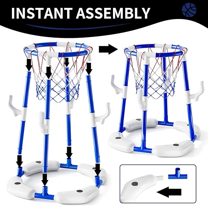 2-in-1 Pool Basketball Hoop & Ring Games with 4 Balls 12 Rings and Pump, Summer Water Outdoor Party Swimming Pool Toys Games for Kids Ages 4-8 8-12 Adult, Family Water Party Birthday Games Toys