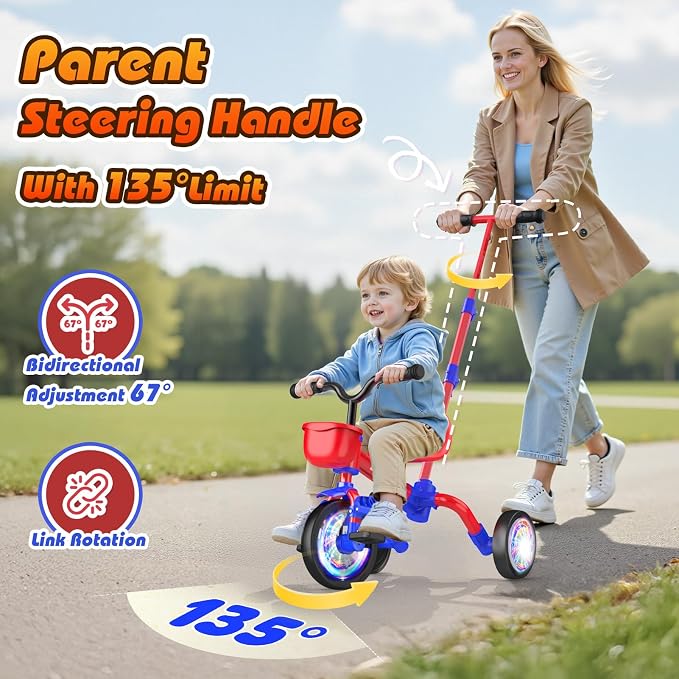 Kkdi 5 in 1 Toddler Bike for 1-5 Year Old, Tricycle with Push Handle, Convertible Baby Balance Bike, Bicycle, Color Light Wheel & Detachable Pedal, 4-Position Seat, Boys Girls Birthday Gift, Toy