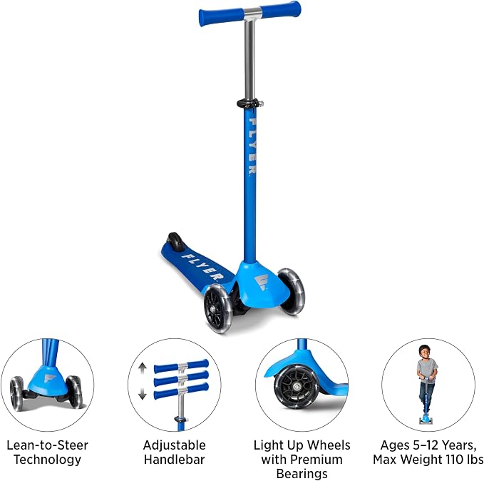 Radio Flyer Glider Pro Scooter with Light Up Wheels, Blue, for Kids 5-12 Years Old, Lean-to-Steer, Adjustable Handlebar, Rear Foot Brake, Smooth Bearings, Flexible Deck, 3 Wheel Scooter for Kids