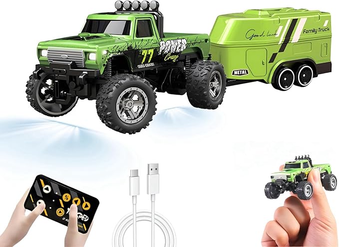 1:64 Scale Mini Remote Control Monster Truck with Trailer | 2.4GHz & App Dual Control, Alloy Mini RC Car with LED Lights, Portable Pocket Toy Car for Kids & Adults, Gift for Boys (Green)