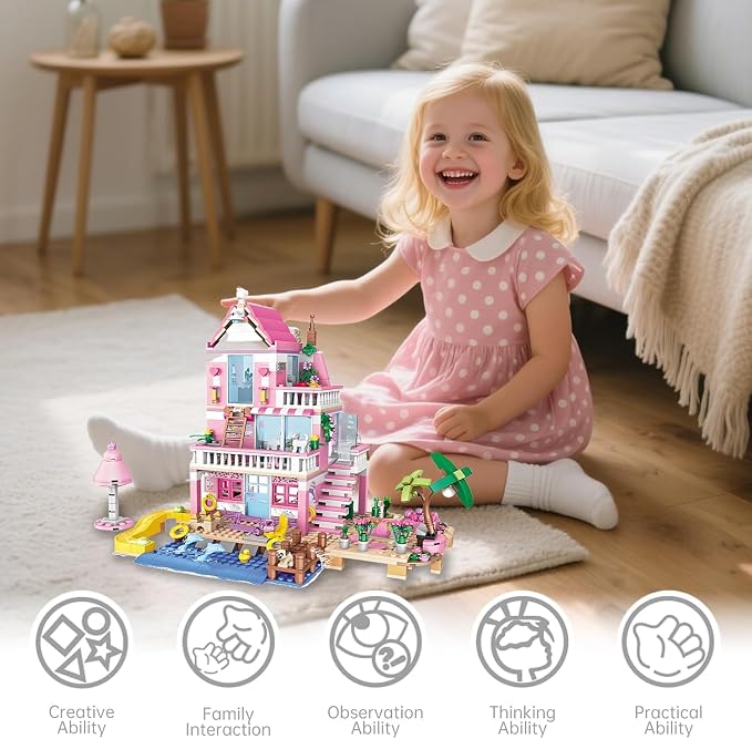 CSNRHG Pink Seaside Beach Villa Friends Building Set Friends Construction Educational Toy 822 Pieces Gifts for Girls Teens Kids Adults Ages 6+