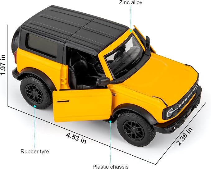 1:36 Scale Ford Bronco Badlands 2dr Toy Car, Diecast Pull Back Vehicles Model Car, Doors Open, Collection Kids Toy for Aged 3 and up, Gift Yellow