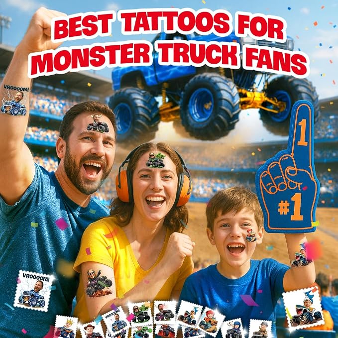 Custom Monster Truck Temporary Tattoos for Kids - Personalized Pre-Cut Face Photo Tattoos - Fun Birthday Party Favors for Boys, Monster Truck Fans - Set of 20 Unique Celebration Gifts