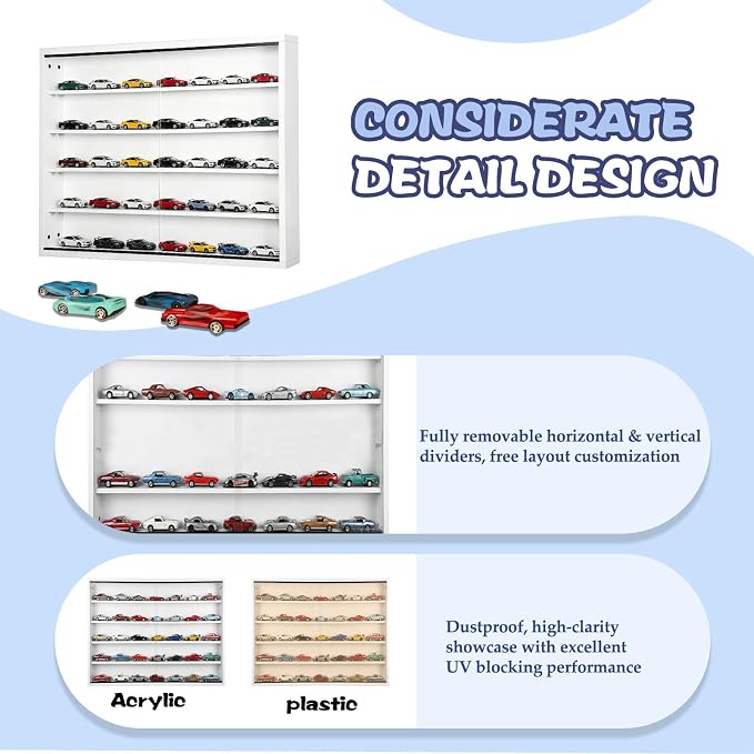 Large Car Display Case, PKHROR Oversized Diecast Car Display Frame with UV Protection, Wall Mount for Toy Cars and Collectible Models, White