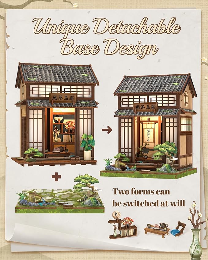 Cutefun Book Nook Kit - DIY Miniature Dollhouse Kit for Adults, Teens and Beginners, Japanese Tea Room Booknook Tiny House Bookshelf Decor 3D Wooden Puzzles, Gifts for Friends and Family (Tea House)