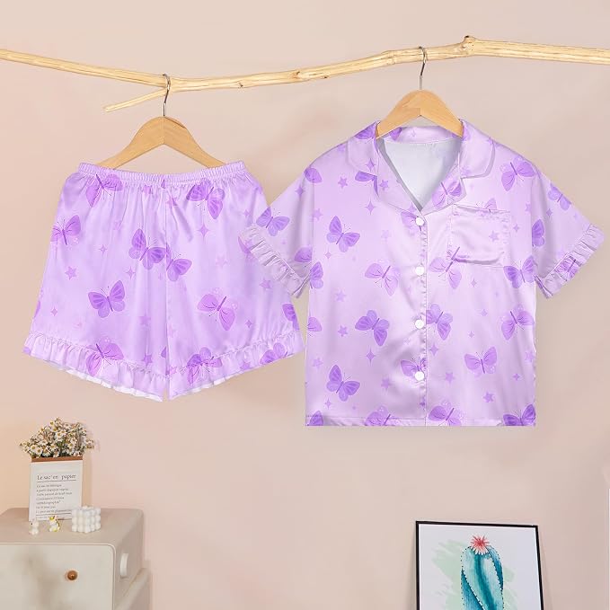 ICOSY Matching Doll & Girls Silk Pajamas Satin Pjs for Girls Button-Down Top and Shorts for 18" Doll Girl Clothes