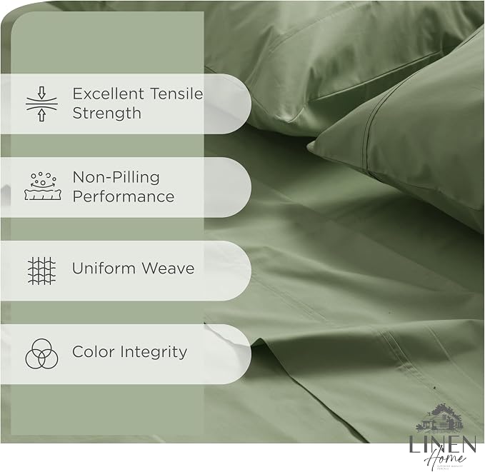 Linen Home 100% Cotton Percale Sheets Full Size, Oil Green – Crisp & Cool, Breathable, Long-Staple Combed Cotton, 16" Deep Pocket, 4 Pieces: 1 Flat, 1 Fitted Sheet & 2 Pillowcases