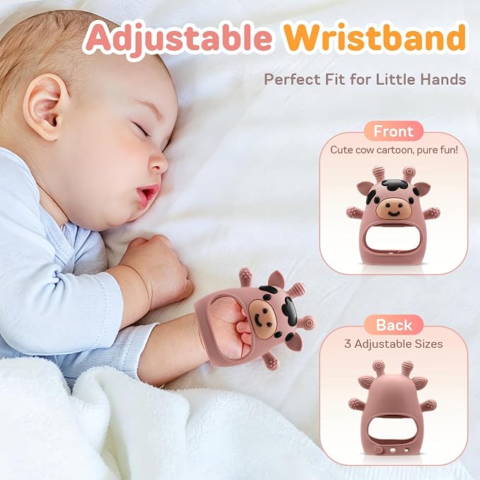 2 Pack Baby Teething Toys 3-6 6-12 Months, Adjustable Anti Dropping Wrist Teething Mittens, Food Grade Silicone Baby Chew Toys for Sucking Needs Teether for Newborns Infants Teething Relief