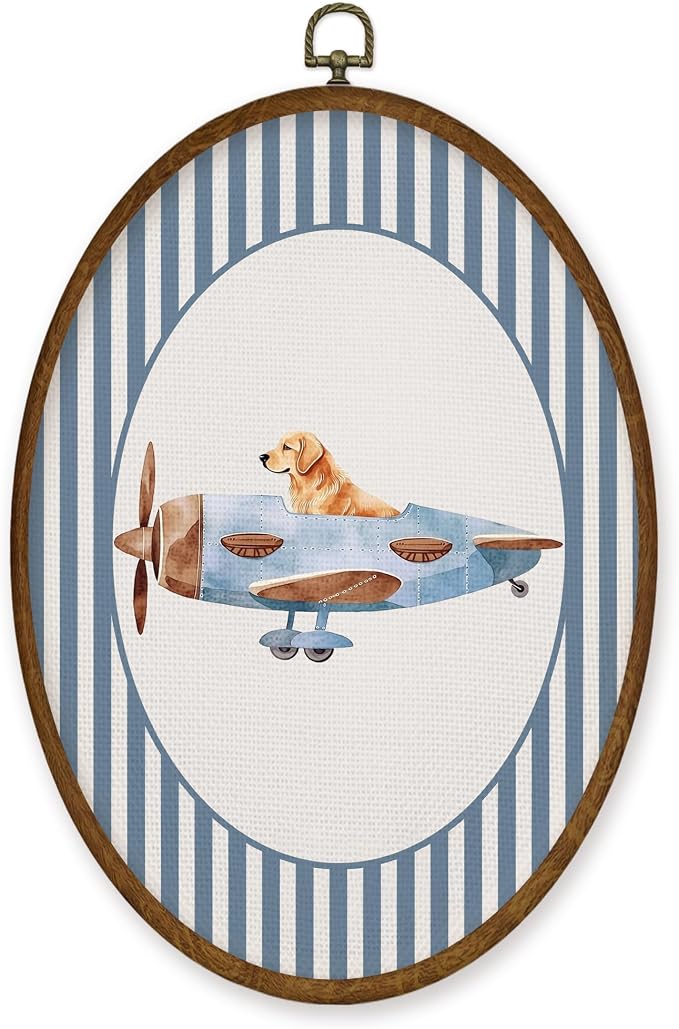 WULQYING Golden Retriever Airplane Nursery Wall Art Decor, Kids Room Oval Framed Canvas Art Prints, Blue Striped Airplane Aviator Dog Wall Hanging Decor for Kids Room Bedroom Playroom, 8.6x11.4 Inches