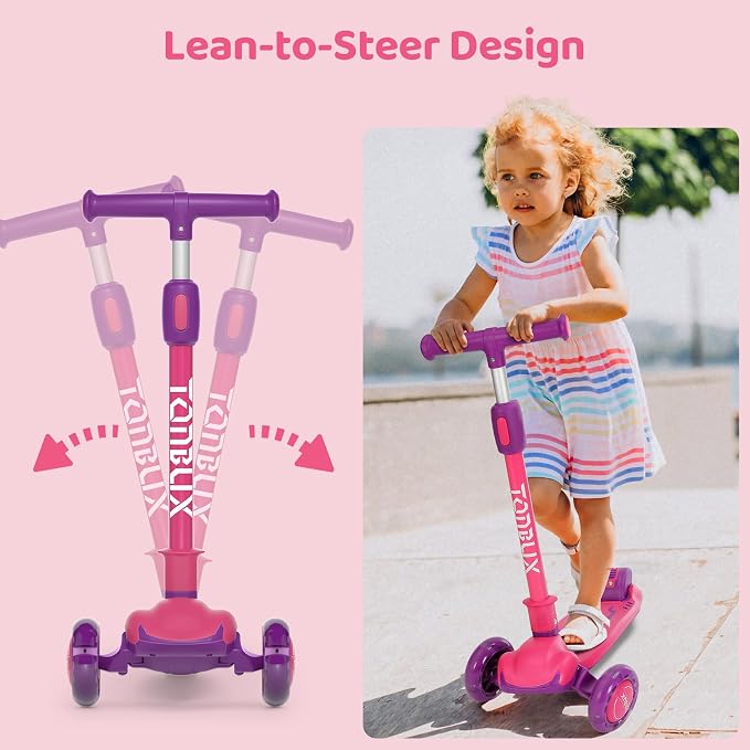 TONBUX Kids Scooter, Light Up 3 Wheel Kick Scooters for Kids 3-12, Folding Scooters with Adjustable Height - Toddler Scooter Lean-to-Steer & Widen Anti-Slip Deck