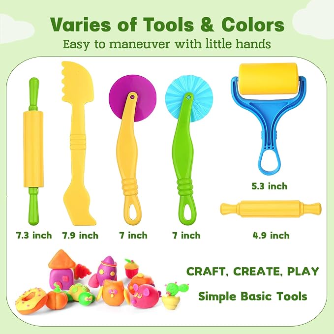 Clay and Dough Tools 6 Pieces Basic Dough Tool Set for Kids, Variety of Rolling Pins, Rollers, Cutters