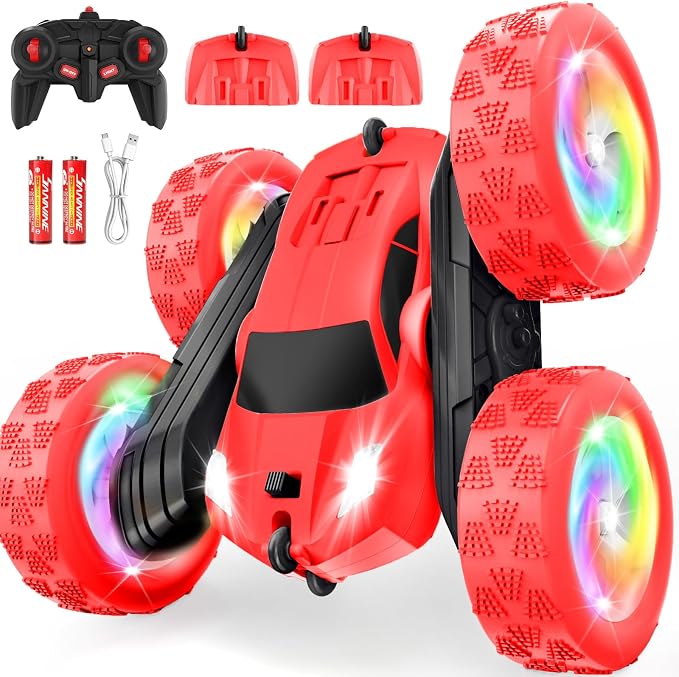 Remote Control Car, Outdoor Toys RC Cars for Kids Ages 6-12, 4WD Double Sided Stunt Vehicle with Upgraded USB-C Modular Batteries, 5 6 7 8 9 10+ Year Old Boy Birthday Red