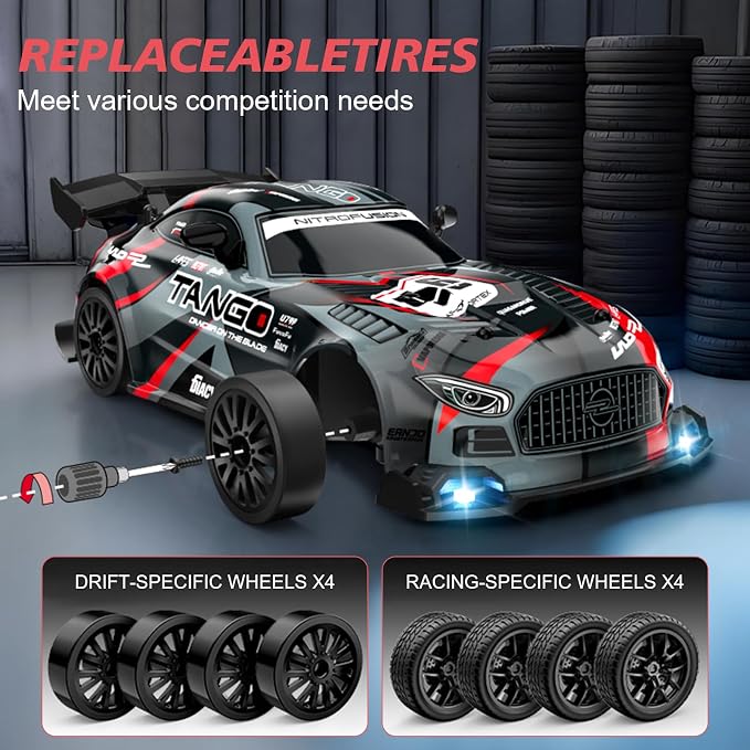 RC Drift Car,1:24 4WD High Speed Electric Remote Control Car with LED Lights,Drifting Tires,2 Batteries,Dual Mode Tires,Hobby Racing Toy Car for Adults & Kids