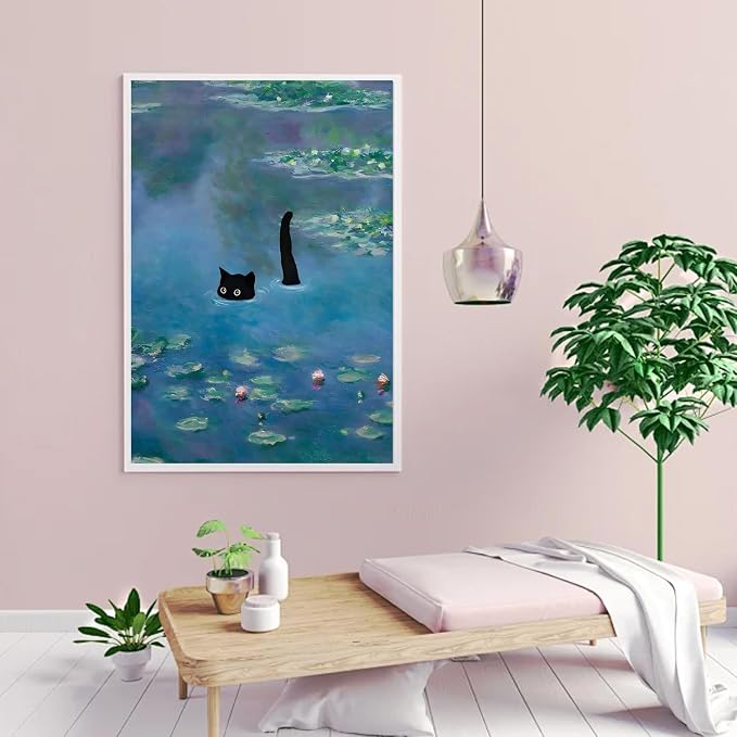 RYMILIE Black Cat Diamond Art Kits for Adults, 5D Lotus Pond Diamond Art Kits for Beginners, DIY Full Drill Paint with Diamond, Home Wall Decor 12 x 16 Inch