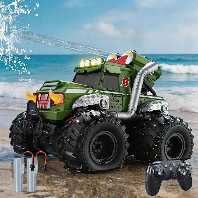 Remote Control Car, Amphibious Monster Trucks for Boys Age 4-7, 1:18 4WD All Terrain Waterproof Monster Truck Toys, 2.4GHz RC Boat W/2 Batteries, Birthday Gift for Kids Ages 6-12 Years Old