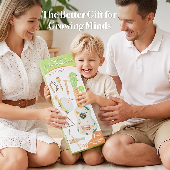 Toddler Guitar Set, 7-in-1 Wooden Baby Musical Instruments Band Includes 17" Ukulele, Maracas, Drum, Trumpet & More - Perfect Toy for Kids Ages 1-5, Ideal Gift for First Birthday Christmas