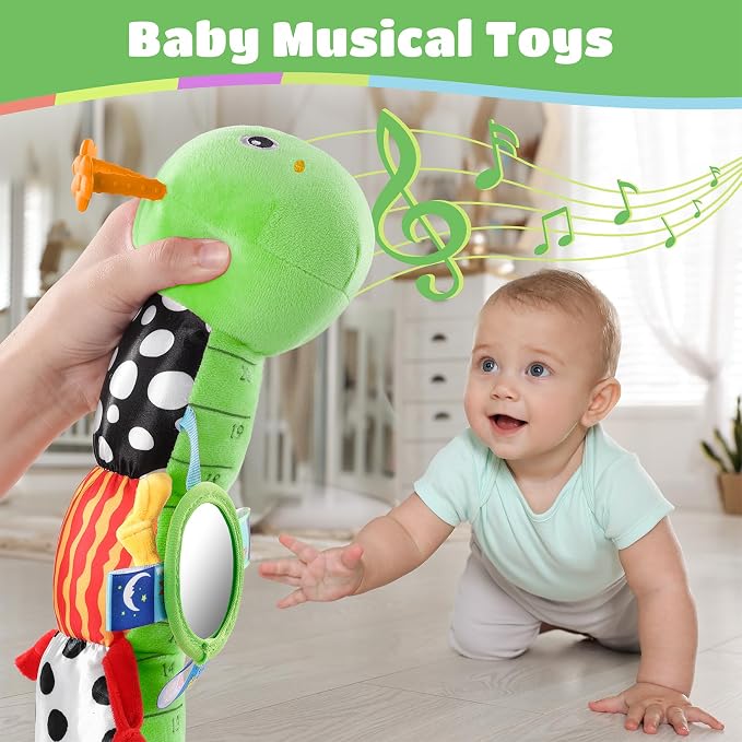 AWOTOY Baby Sensory Toys Music Caterpillar Plush Infant Toys 0 6 12 Months | Stuffed Animals Tummy Time Teething Toys with Mirror Pull String Rattle Baby Toys for Newborn Boy Girl Shower Birthday Gifts