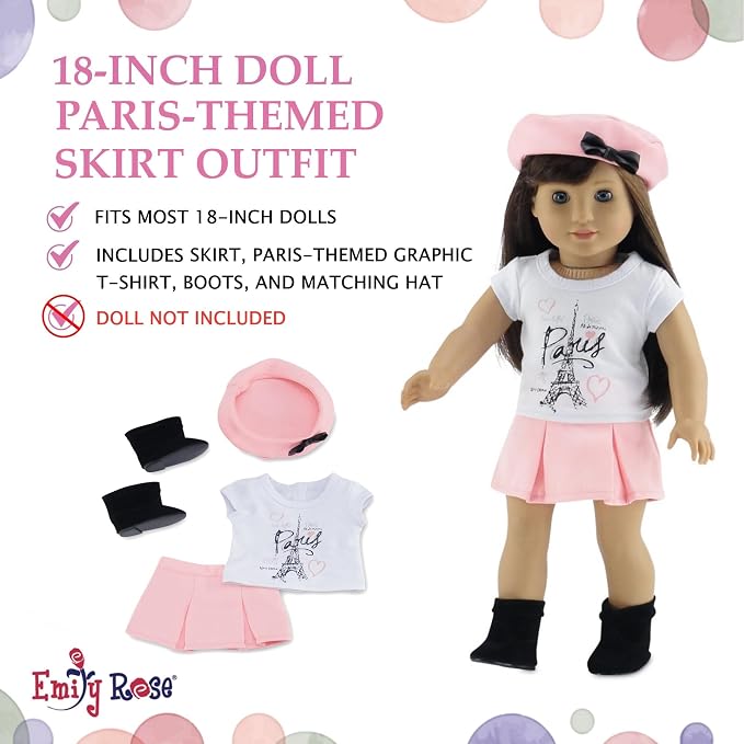 Emily Rose 18" Doll Paris Fashion Bundle - 7-Piece Chic Travel Outfit Set with Coat, Beret Hats, Graphic Tee & Ankle Boots - Gift Boxed French Style Clothes Compatible with American Girl Dolls
