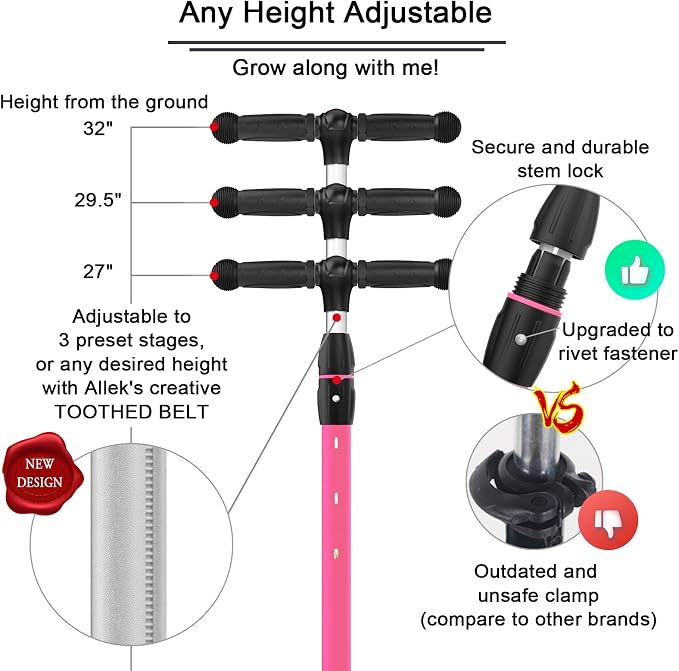 Allek Kick Scooter B03, Lean 'N Glide 3-Wheeled Push Scooter with Extra Wide PU Light-Up Wheels, Any Height Adjustable Handlebar and Strong Thick Deck for Children from 3-12yrs (Rose Pink)