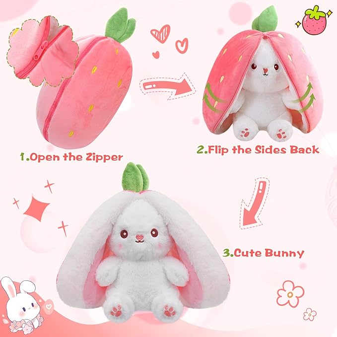 MIAODAM 13.7in Large Easter Bunny Stuffed Animal, Kawaii Squishy Cute Easter Bunny Plush Turn Into Rabbit Fruit Doll Strawberry, Christmas Plushies Funny Bunny Toy for Kid Gift for Girlfriend