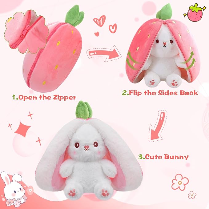 MIAODAM Easter Bunny Stuffed Animal, Carrot and Strawberry Bunny Plush Turn Into Rabbit Fruit Doll, Plushies Funny Bunny Toy for Girls (Strawberry Rabbit, 10inch)