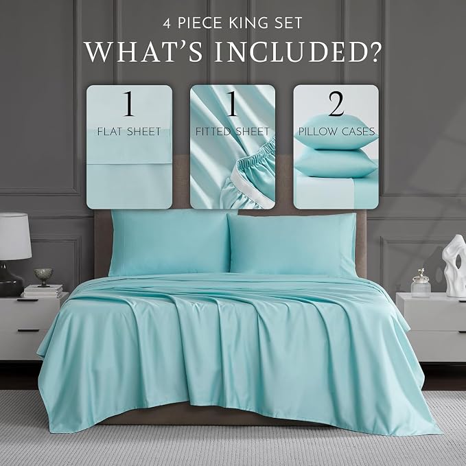 Linen Closet Luxury 1200 Thread Count King Size Sheets Set, 4 Pieces, Cotton Rich, Aqua, Soft, Durable & Wrinkle Resistant Sateen Sheets, 16" Deep Pocket Fitted Sheet, Home & Hotel Essentials