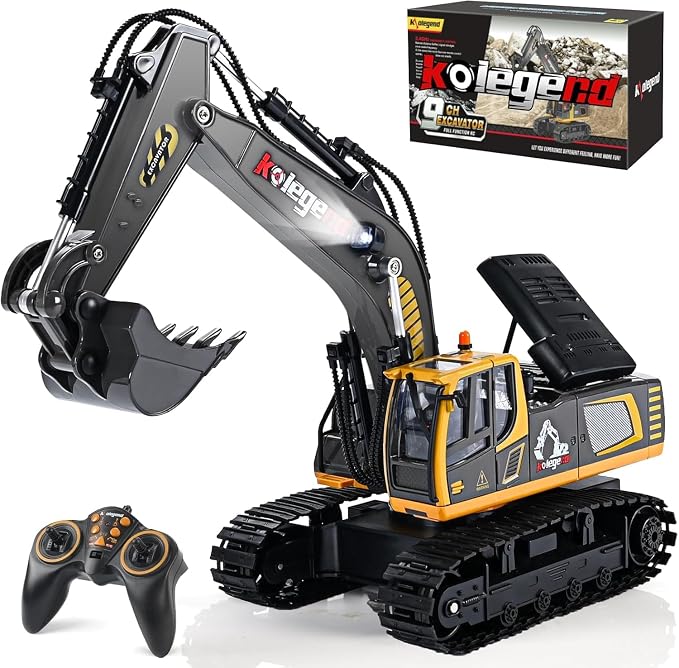 kolegend 1:18 RC Excavator Toys for Boys Metal Bucket Remote Control Excavator 2-Pack Batteries for Non-Stop Digging 2.4Ghz RC Construction Toy with Lights & Learing Cards, Gift for Age 6-10