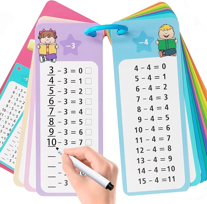 1-12 Subtraction Flash Cards, Large Math Table Flashcards Chart, with 15 Cards, 2 Dry Erase Markers, 1 Rings, Educational Subtraction Game for Kids, 1st, 2nd, 3rd Grades Classroom Home