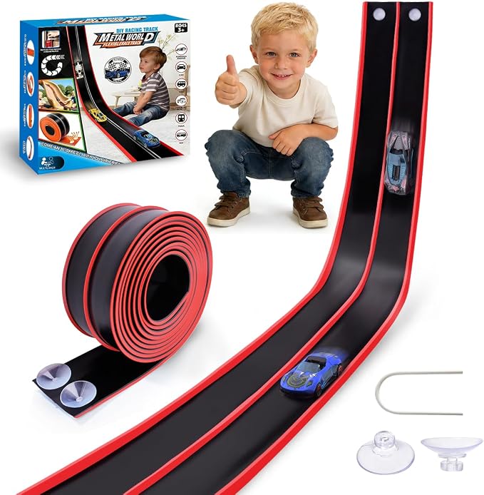 Flexible 15 Ft Race Track Starter Set for Kids Age 3+, Portable Car Track Playsets Compatible with Diecast 1/64th Cars, Long Kid Cars Ramp with Suction Cups, Rolls Up for Storage(Black)